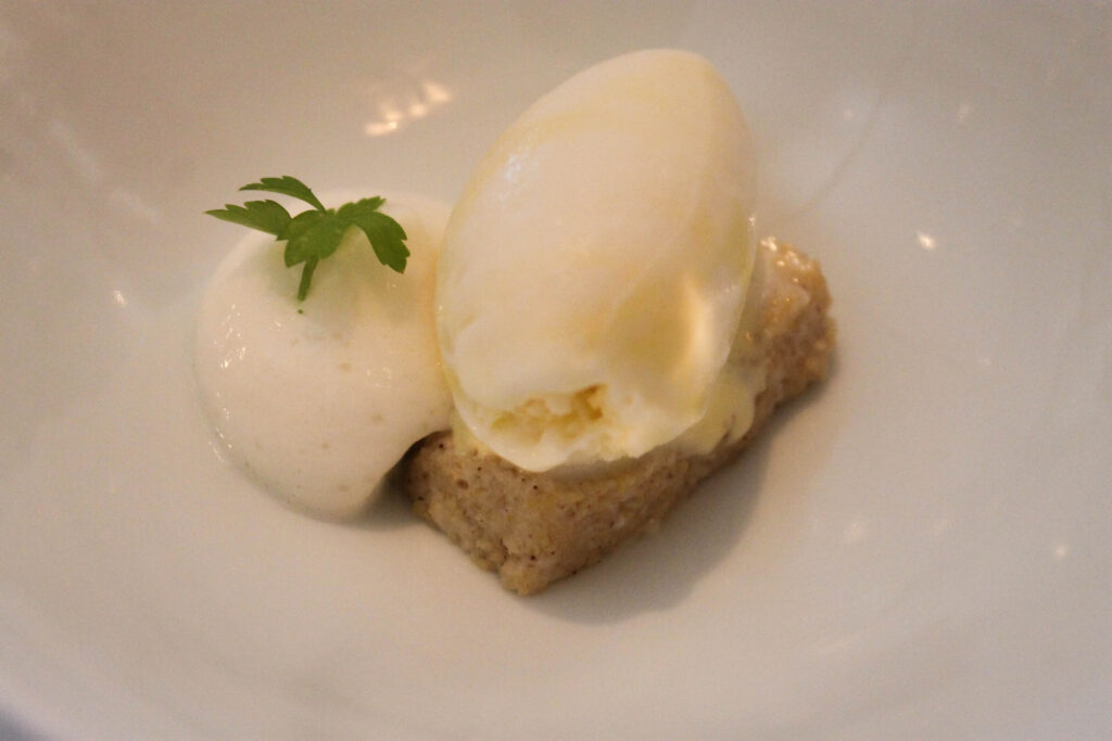 Butter popcorn over sponge cake, dessert course at The French Laundry