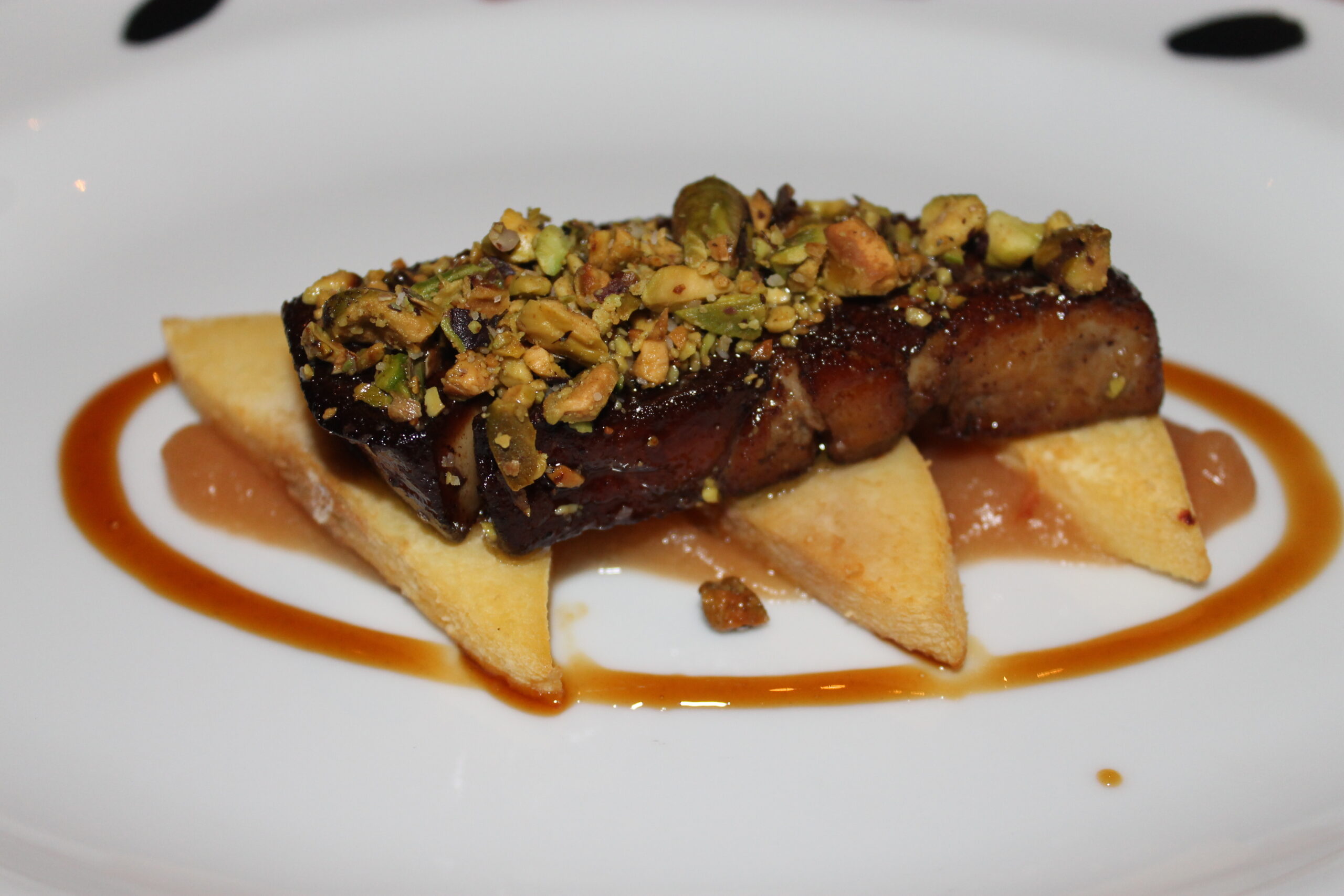 Foie gras at Picasso, a unique fine-dining experience in Las Vegas that features real Picasso paintings on the walls as well as gourmet food