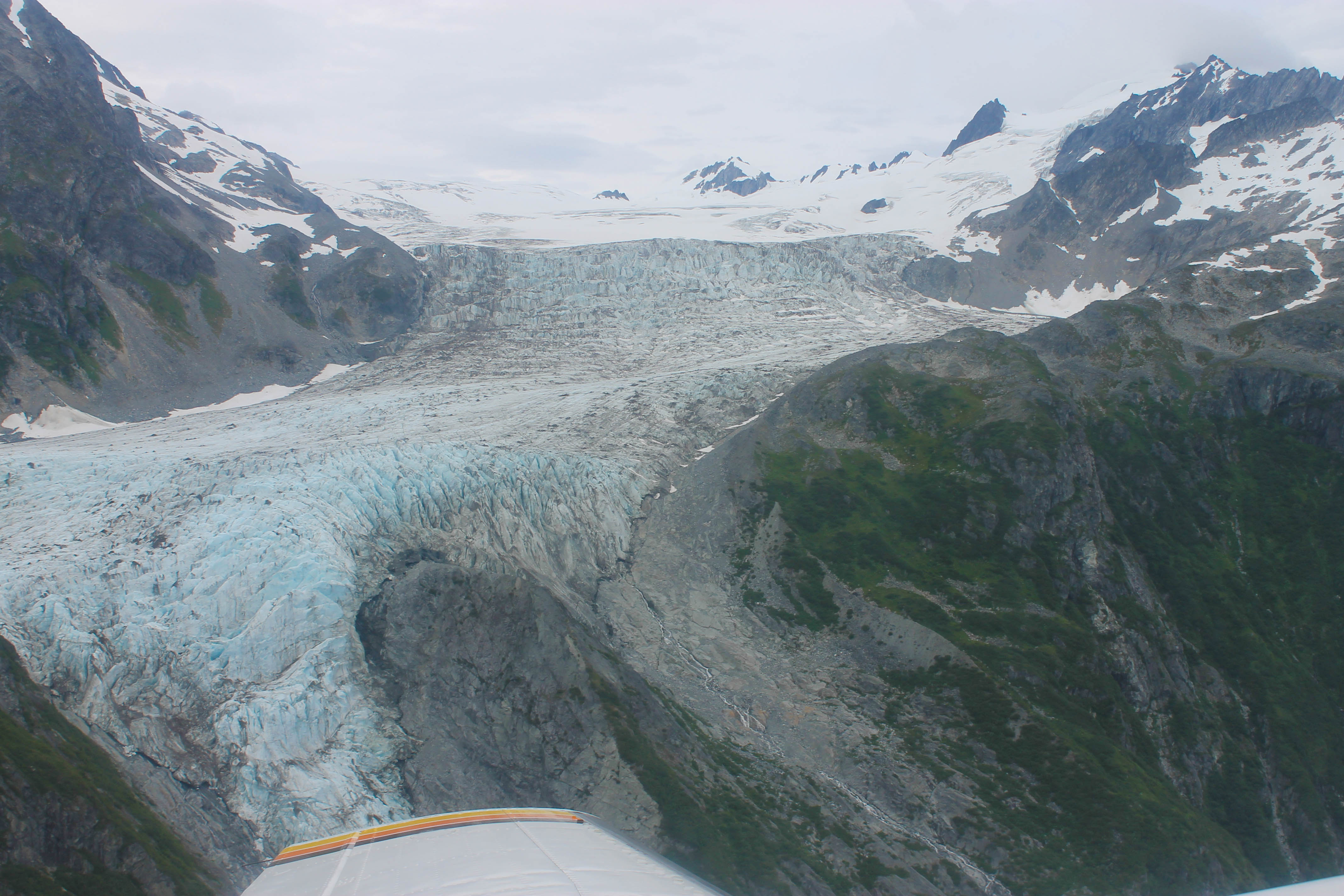 A close-up of a glacier seen while flying through Lake Clark Pass