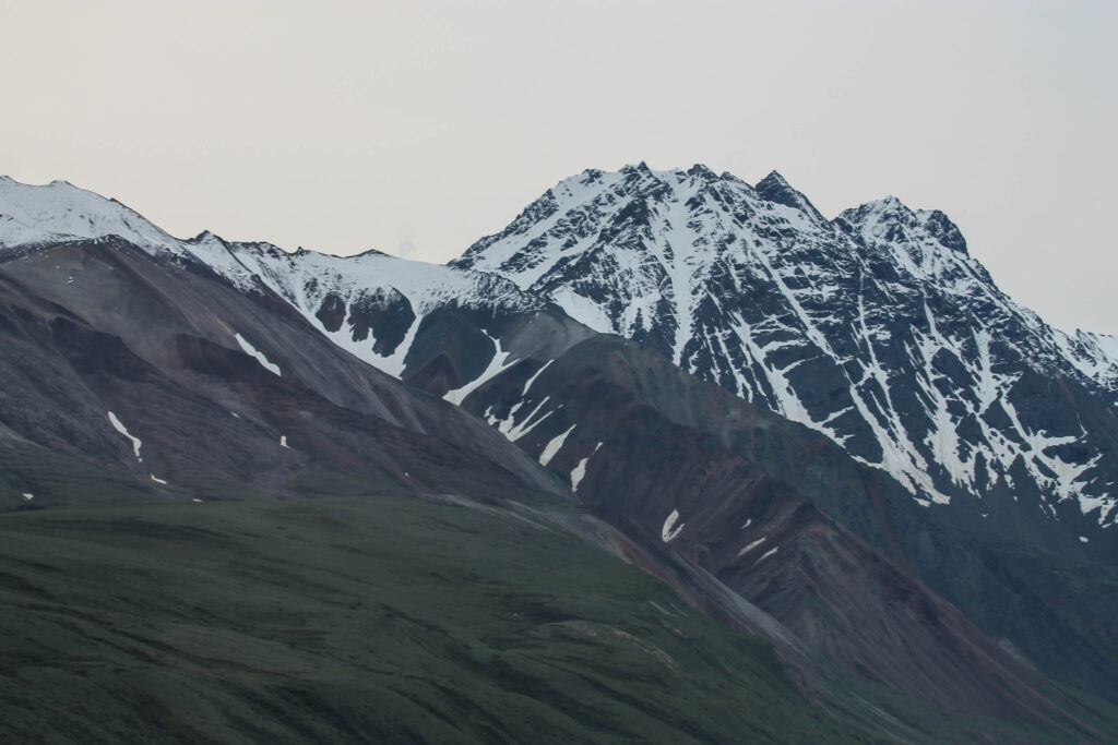 Views of snow-capped mountains from the Polychrome Overlook in Denali National Park