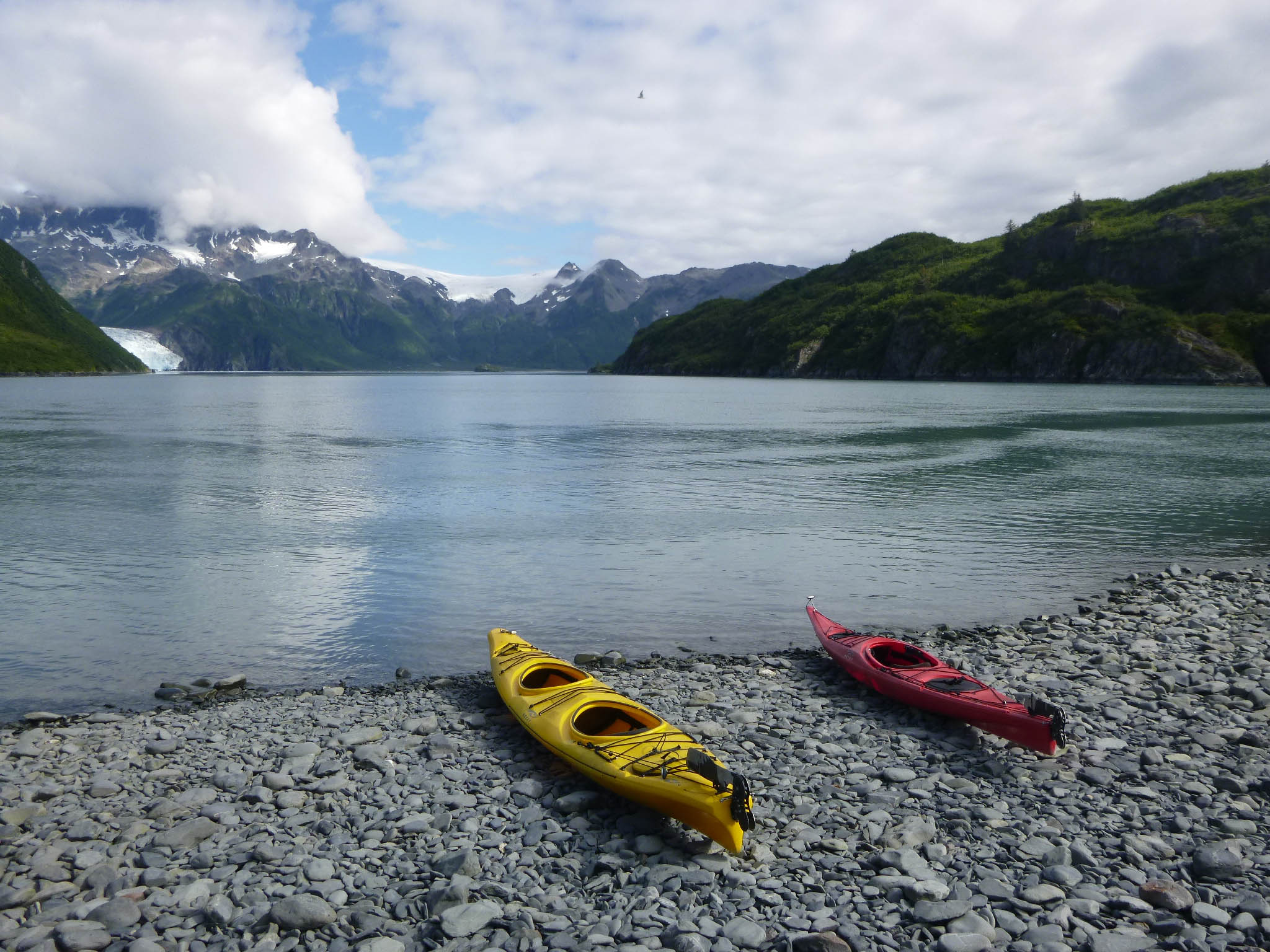 Kayaks ready to be launched in Aialik Bay, Kenai Fjords National Park