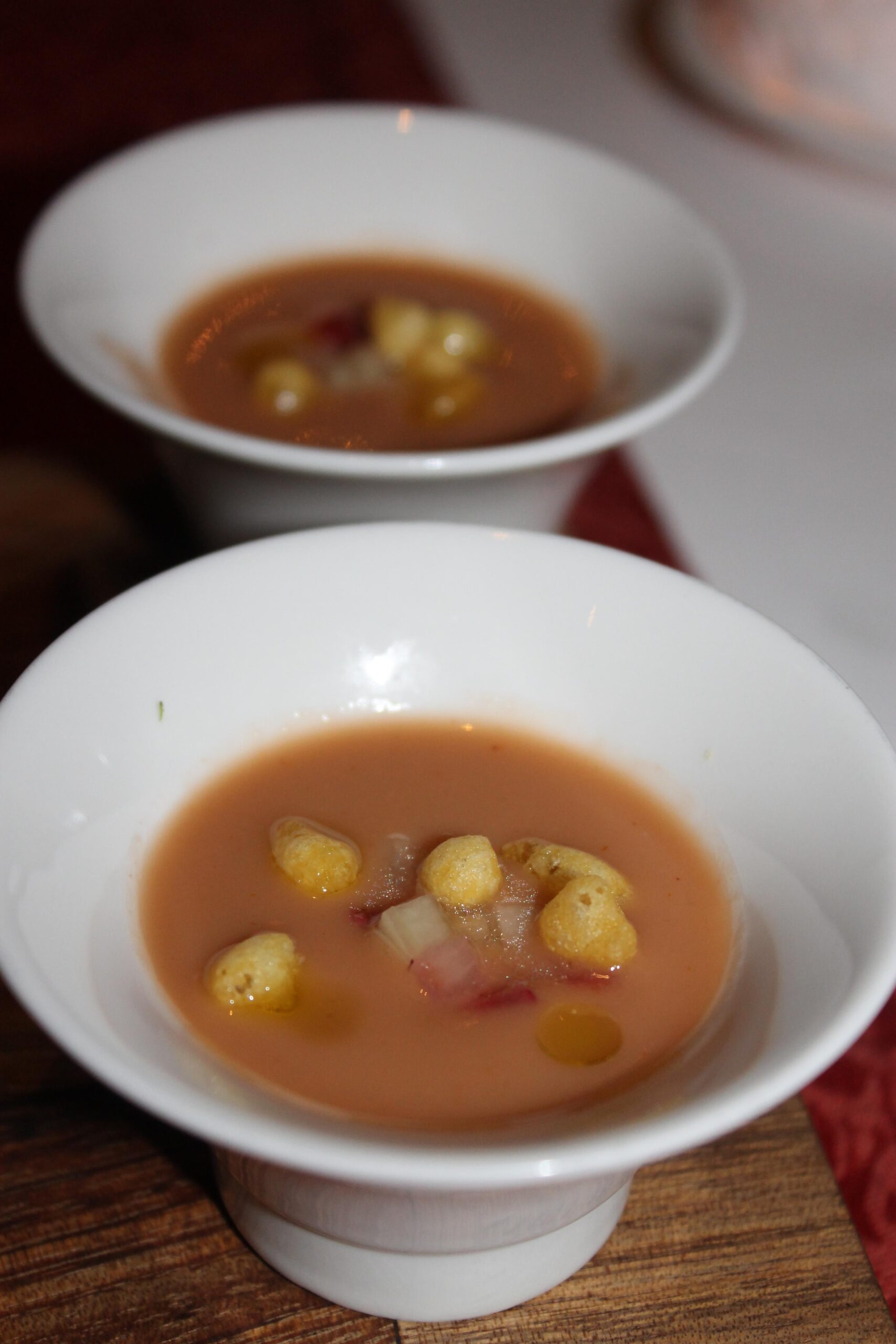 Strawberry-tomato soup with fried chickpeas at Campton Place