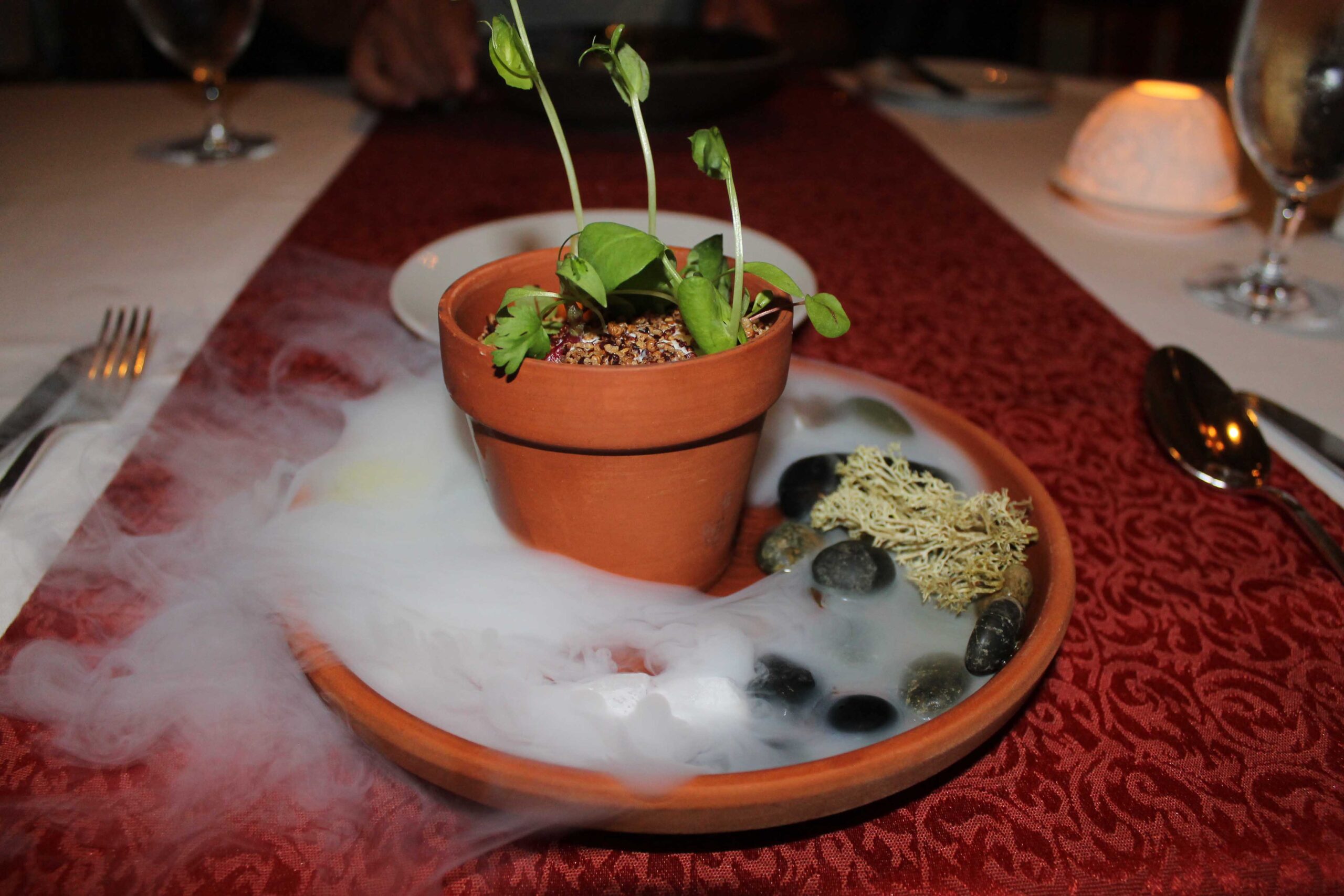 Spice pot dish at Campton Place SF, complete with dry ice to represent the San Francisco fog