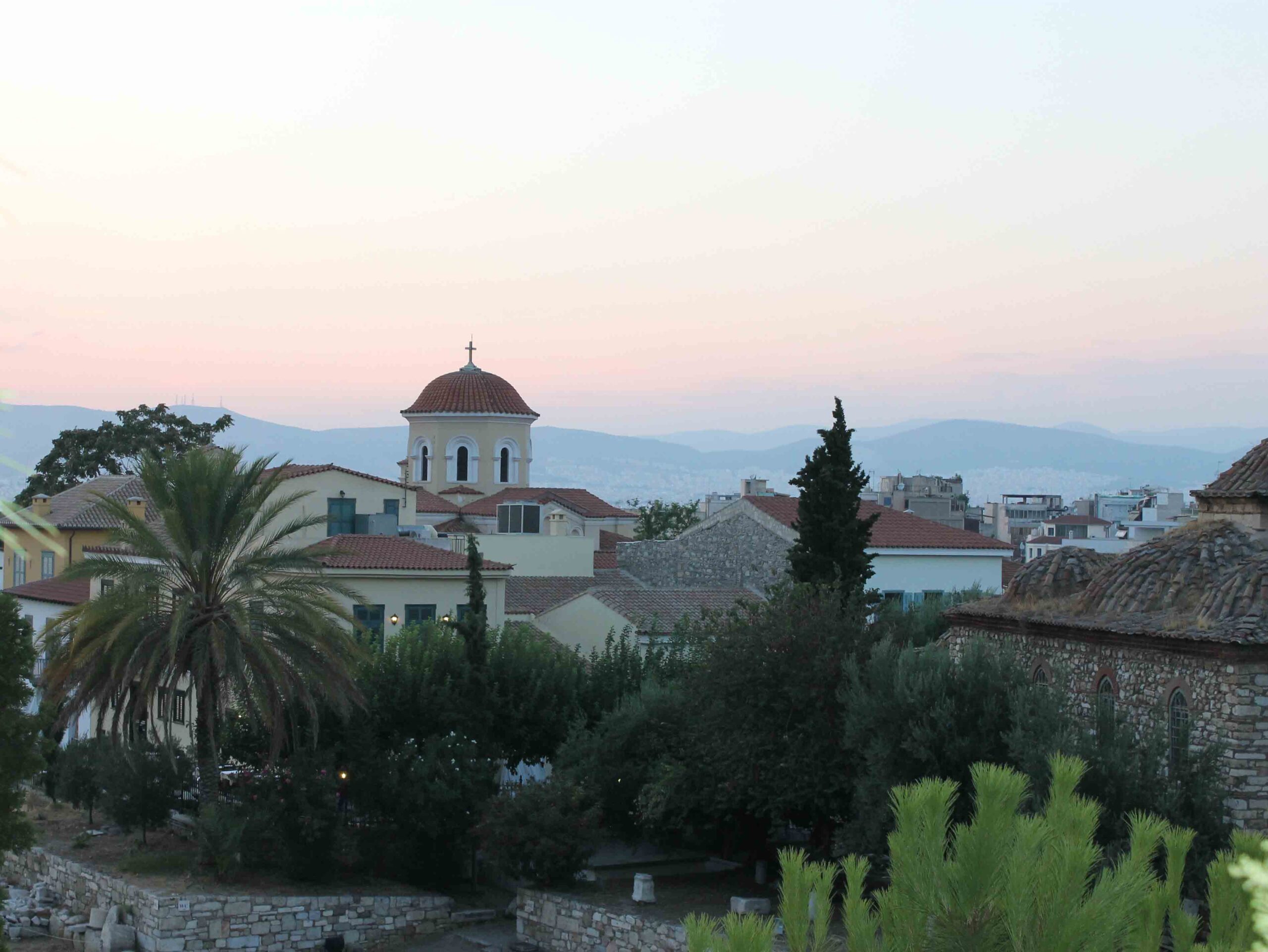 Sunset in Athens' Plaka neighborhood