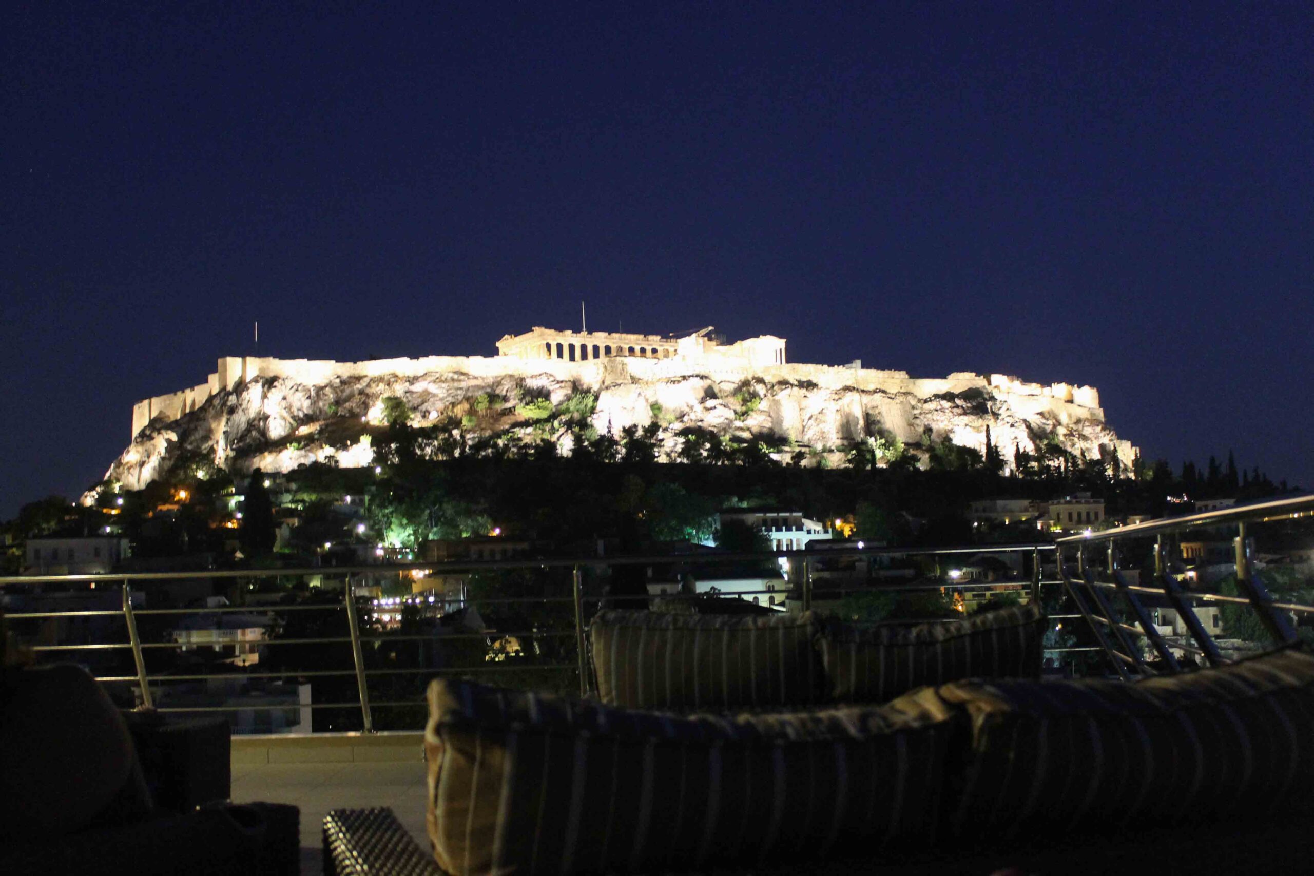 Nighttime views of the Parthenon from the roofdeck of Hotel Plaka