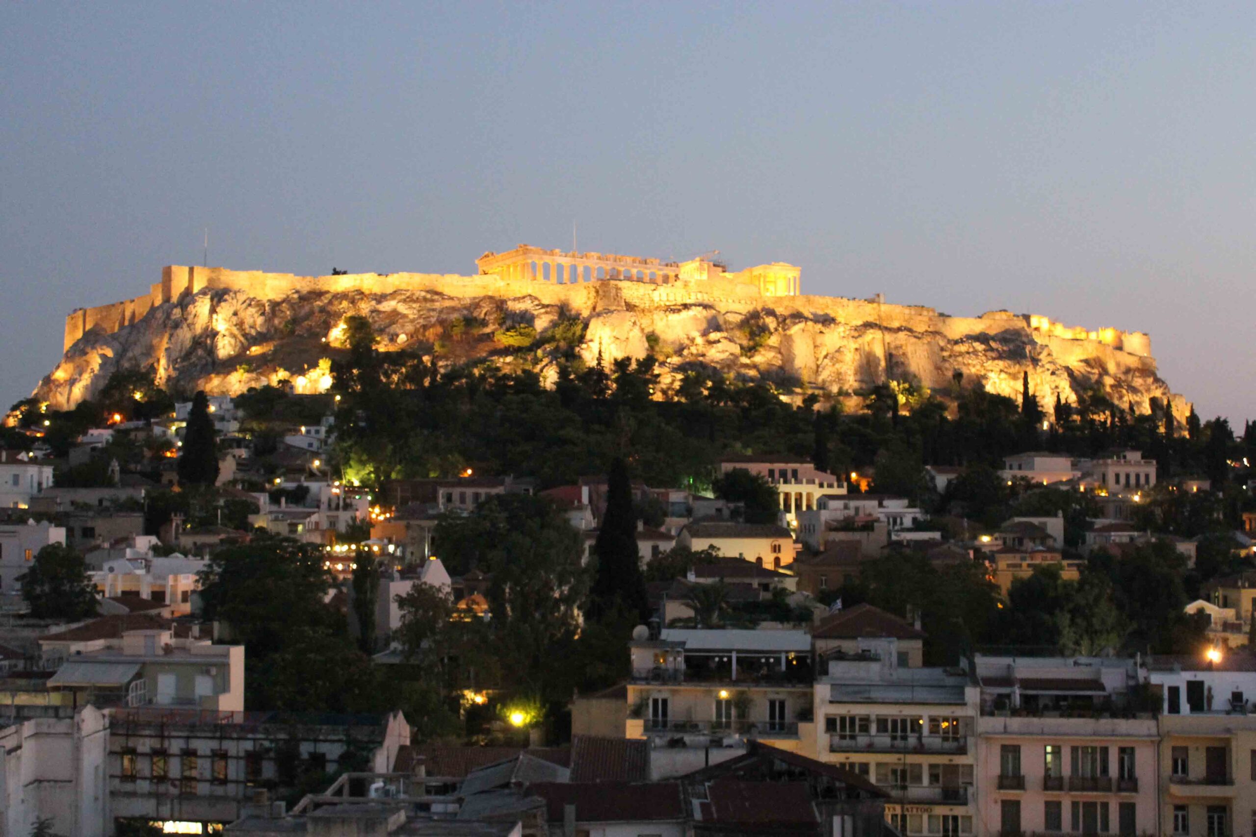 The Parthenon at night, as seen from our rooftop at Hotel Plaka