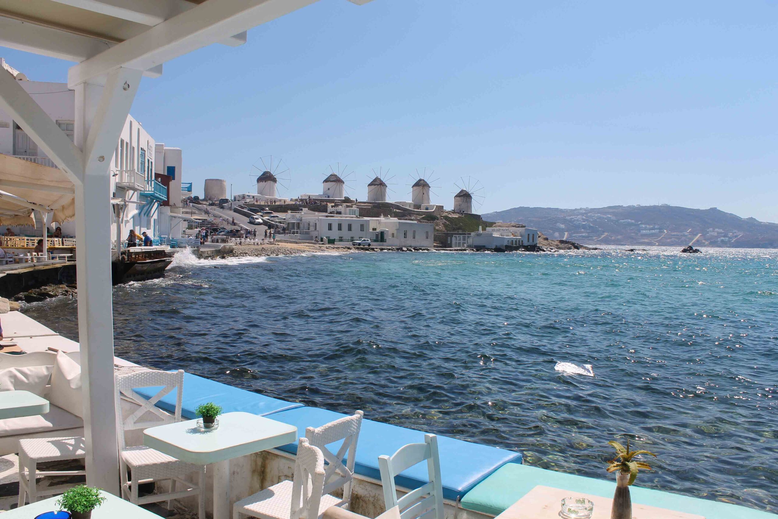 View of Mykonos Town windmills from Little Venice neighborhood