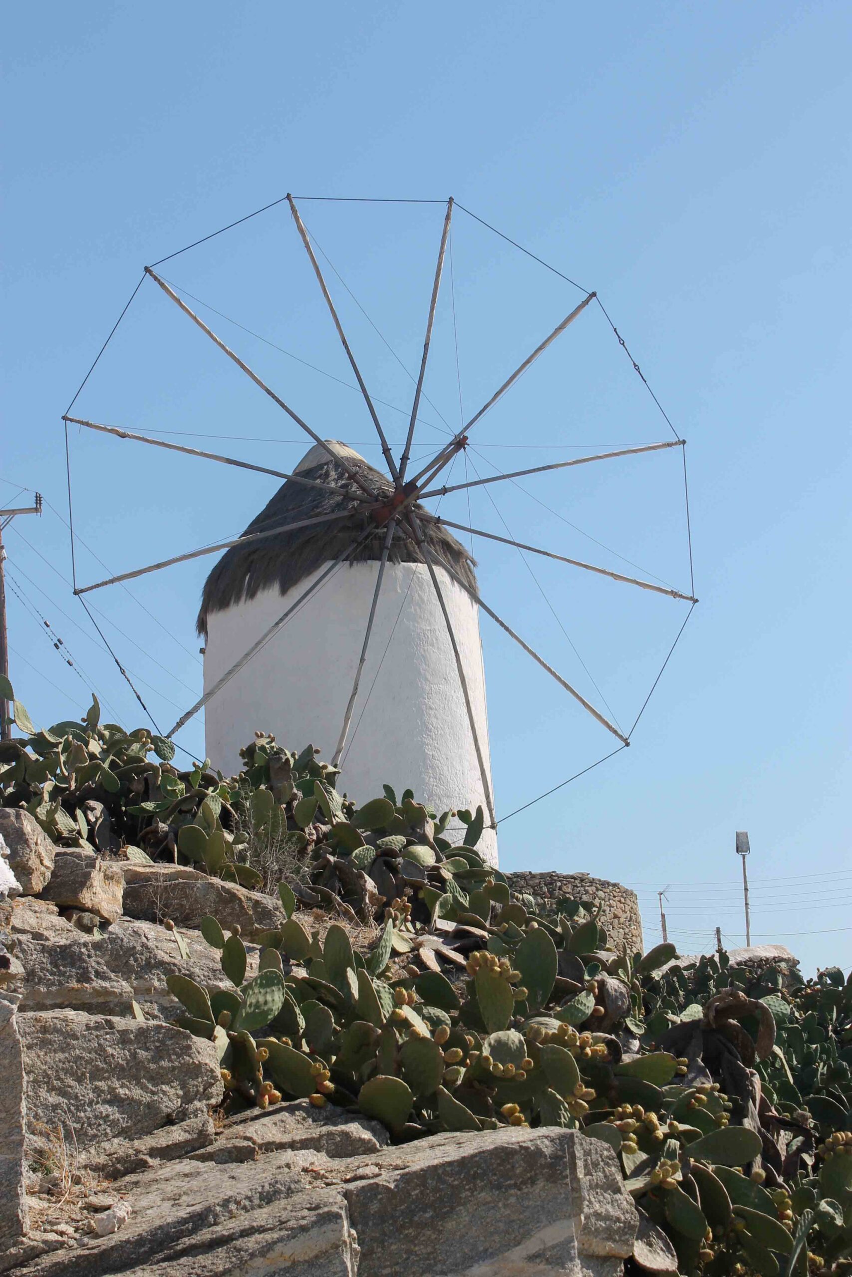 A close-up of a windmill on Mykonos