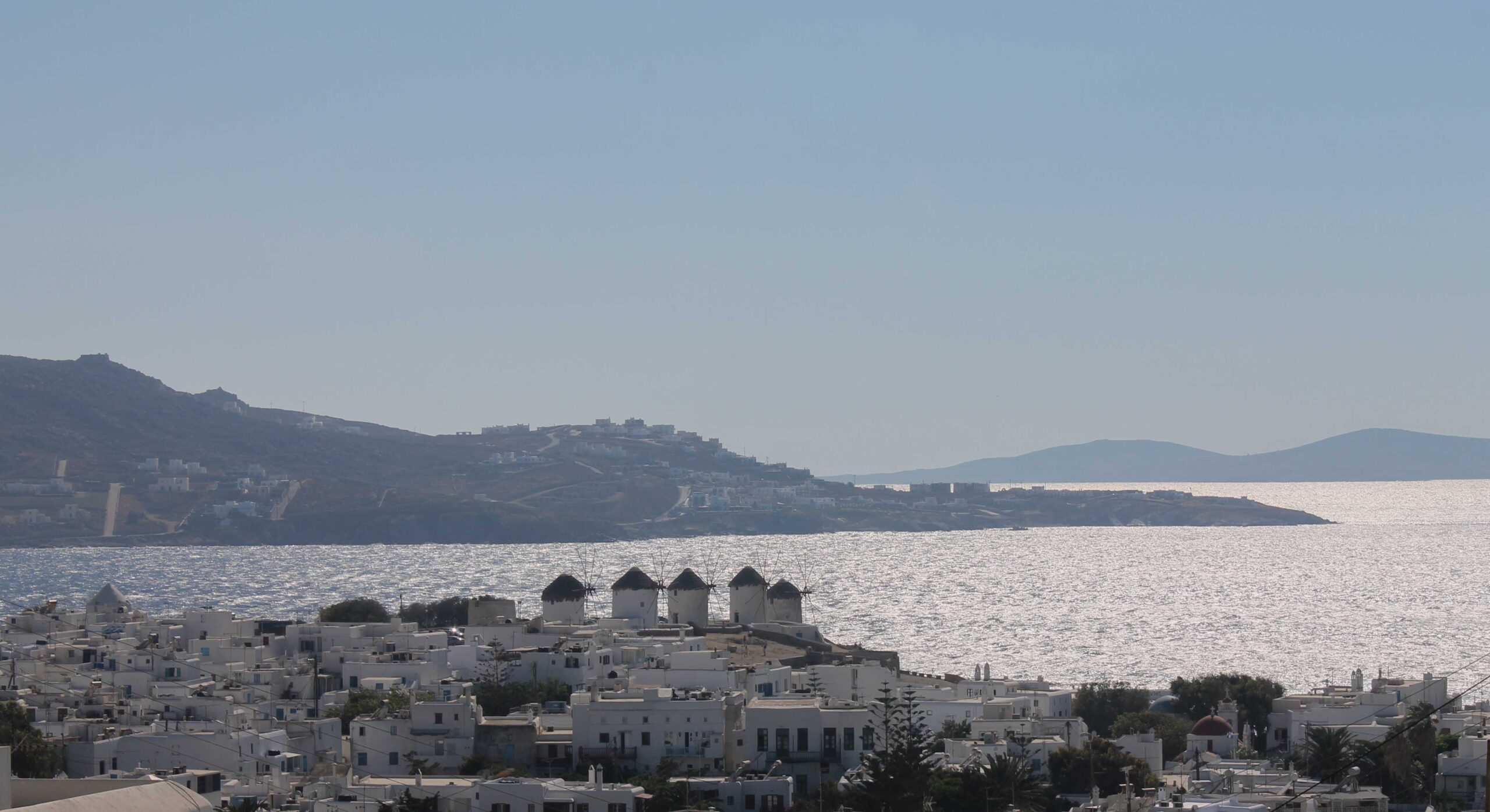 View of the windmills from a high point in Mykonos Town