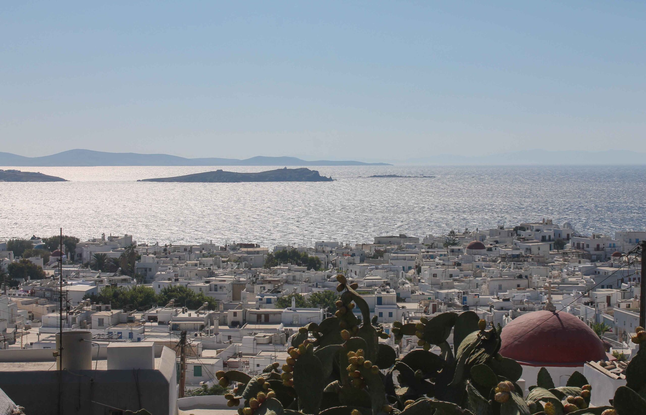 View of small islands off the coast of Mykonos