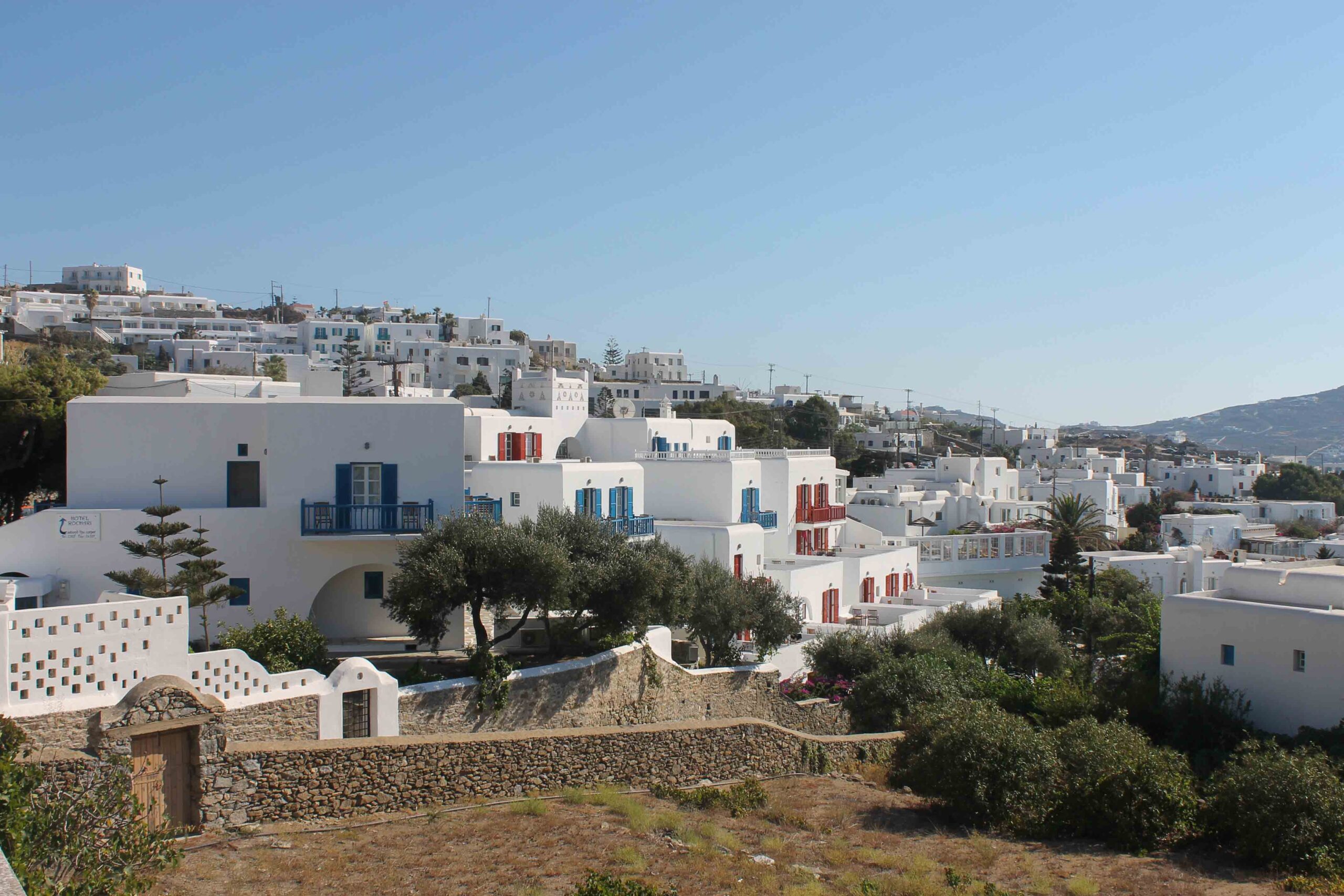 White, blue and red homes in Mykonos Town
