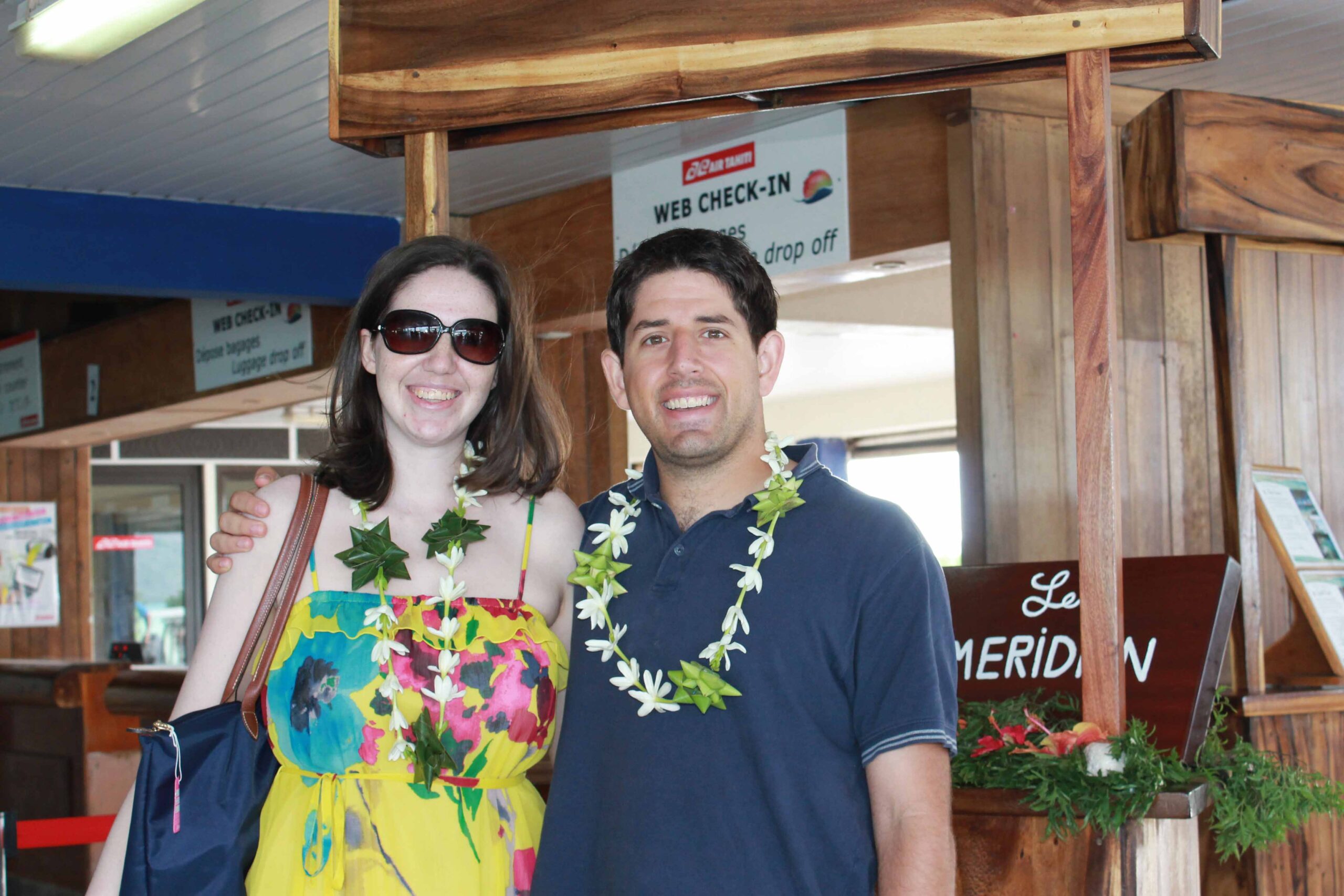 The Le Meridien check-in desk at the Bora Bora airport, where they greeted us with leis and cold bottles of water