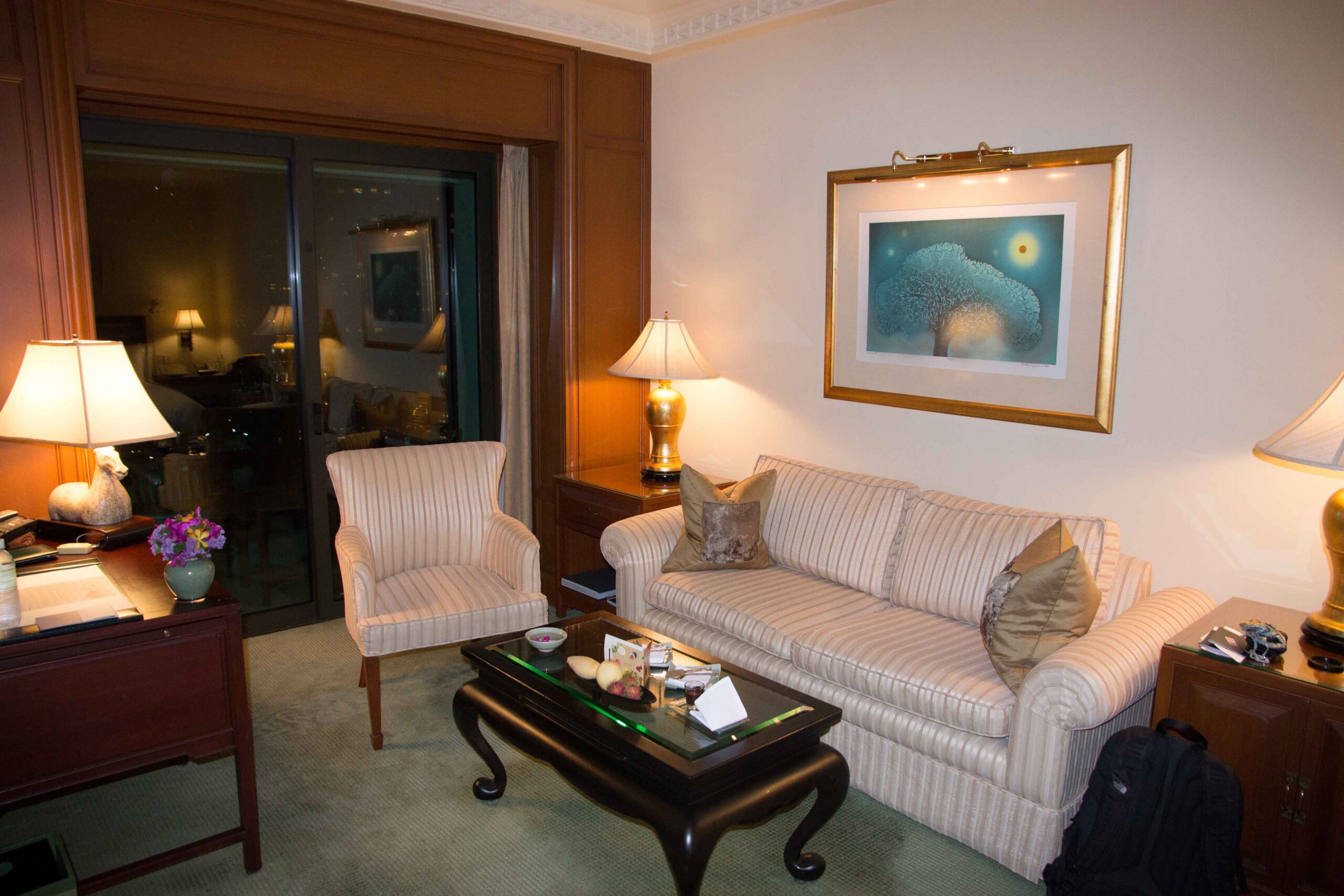 Living area in our Grand Balcony room at the Peninsula Bangkok