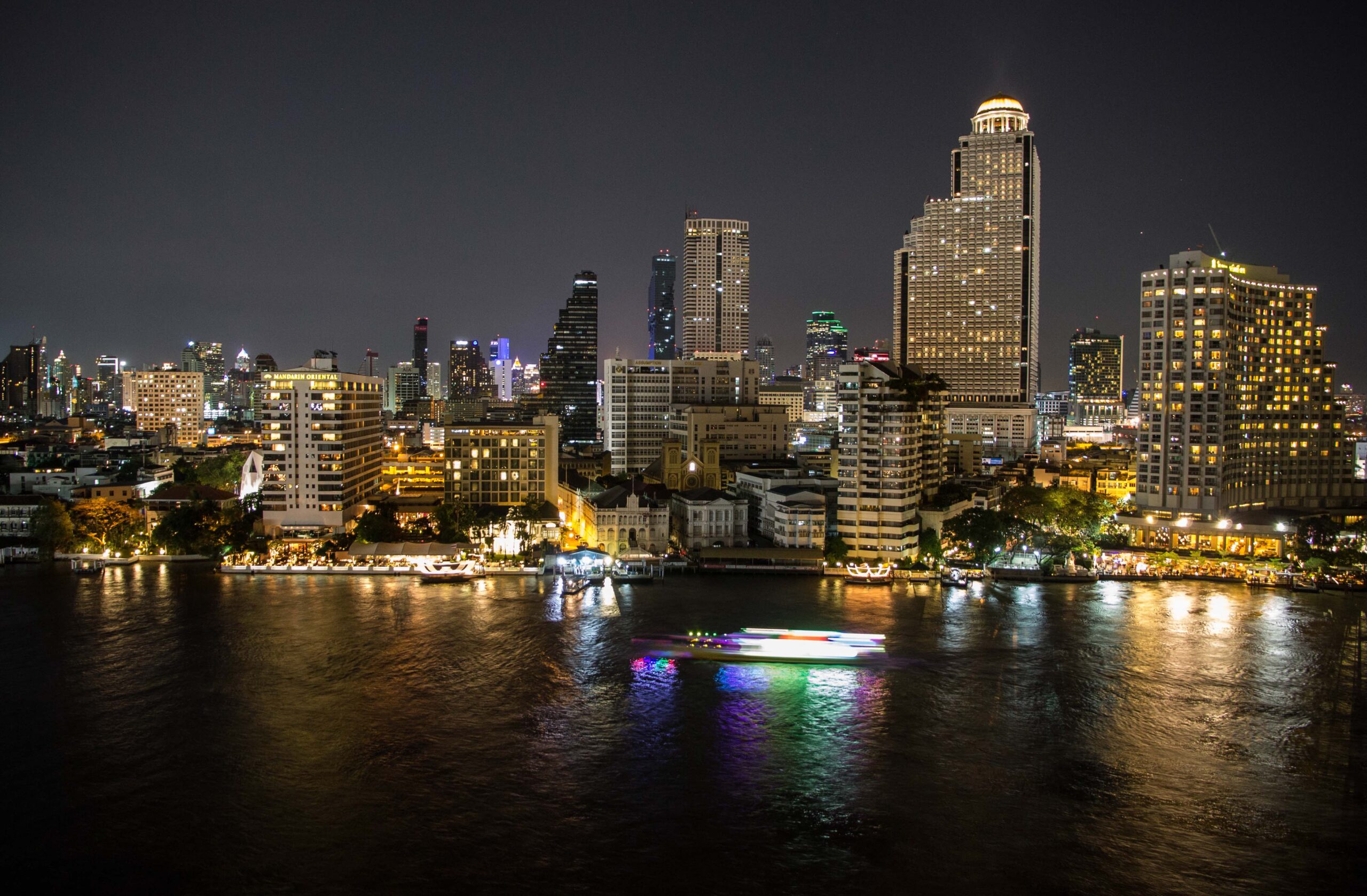 View of Bangkok at night from our Grand Balcony room at The Peninsula Bangkok