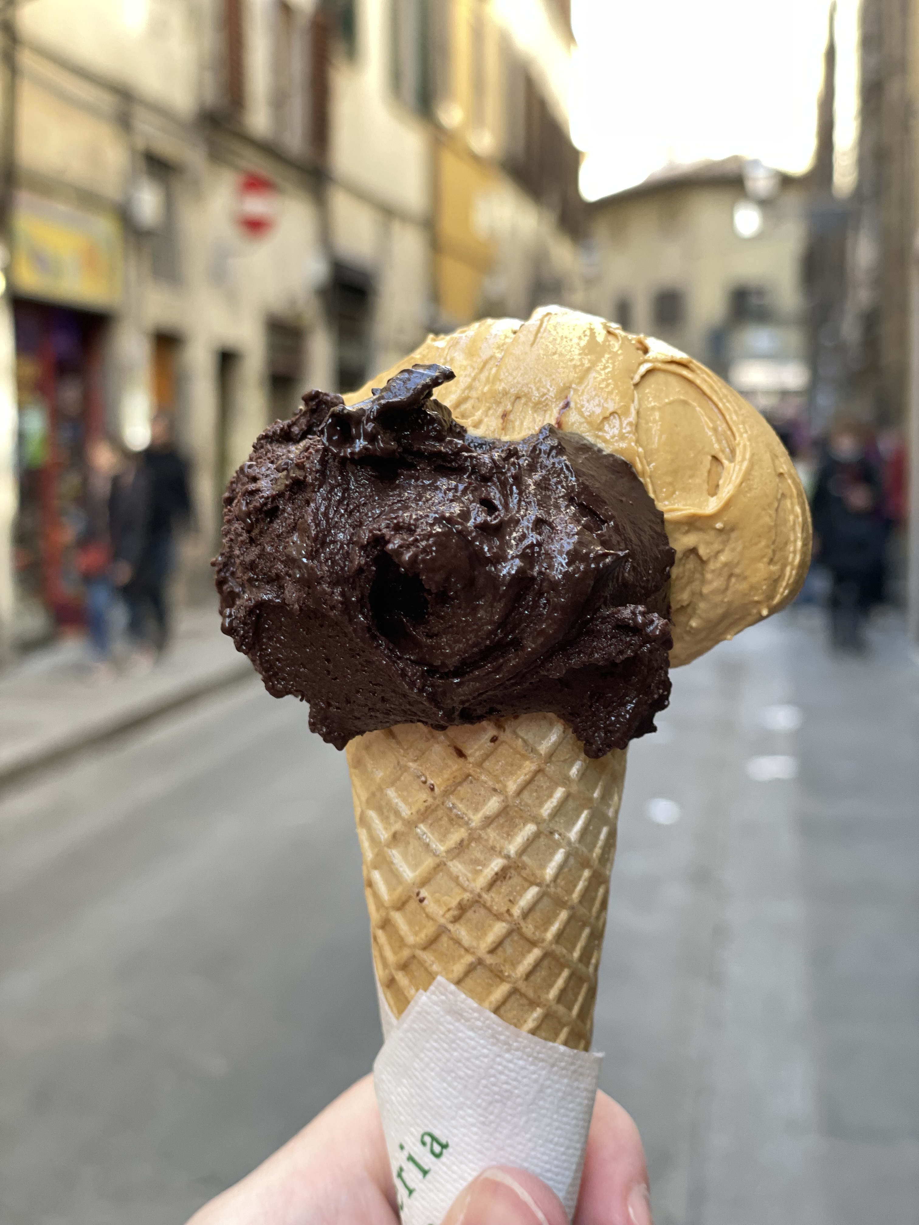 Dark chocolate and salted caramel gelato from Gelateria dei Neri, our favorite gelateria in Florence