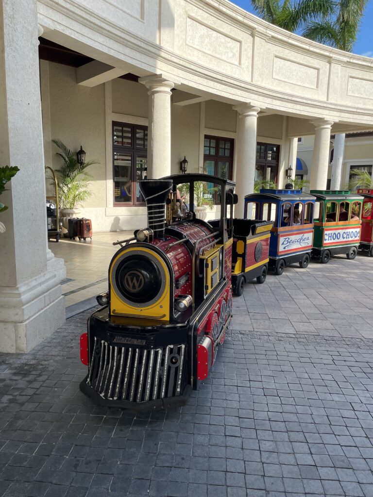 Little train that goes between the villages at Beaches Turks and Caicos