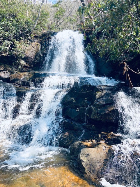 Laura Falls waterfall in Great Smoky Mountains National Park, one of the top waterfall hikes to do with kids in the park