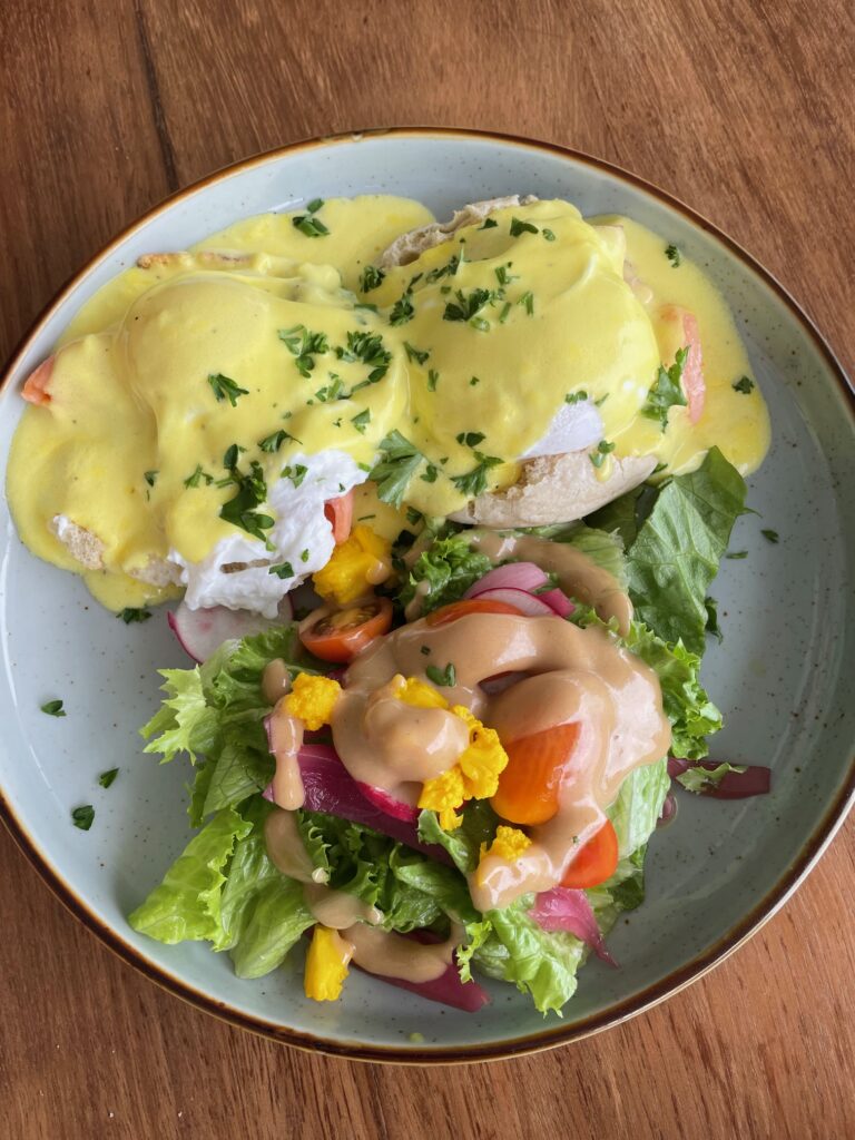 Eggs benedict for breakfast at Grand Case Beach Club