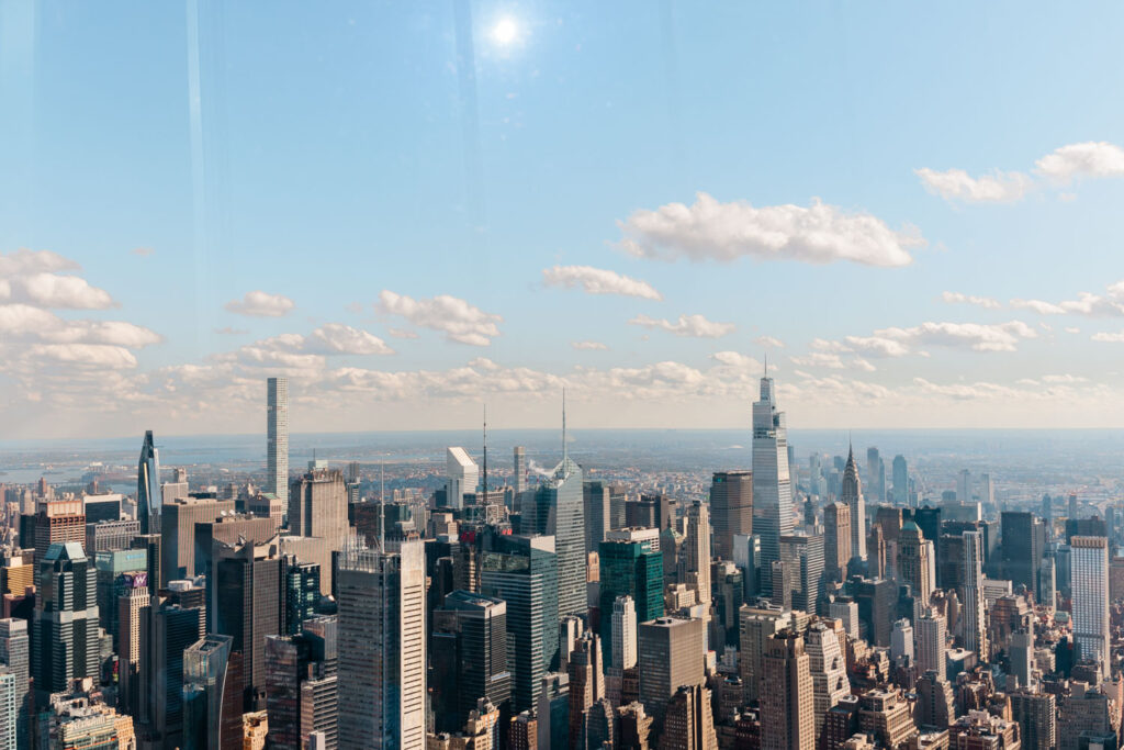 View of the New York City skyline from The Edge observation deck at Hudson Yards