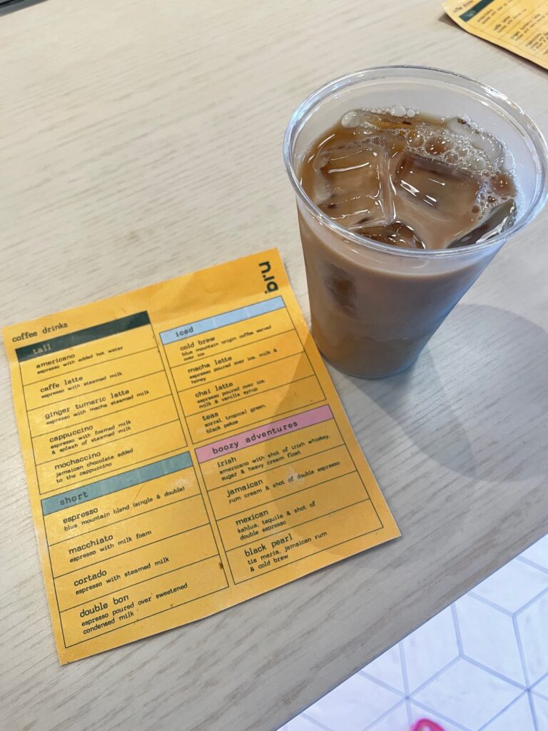 Iced coffee at Brü, the coffee shop for the new Treasure Beach village