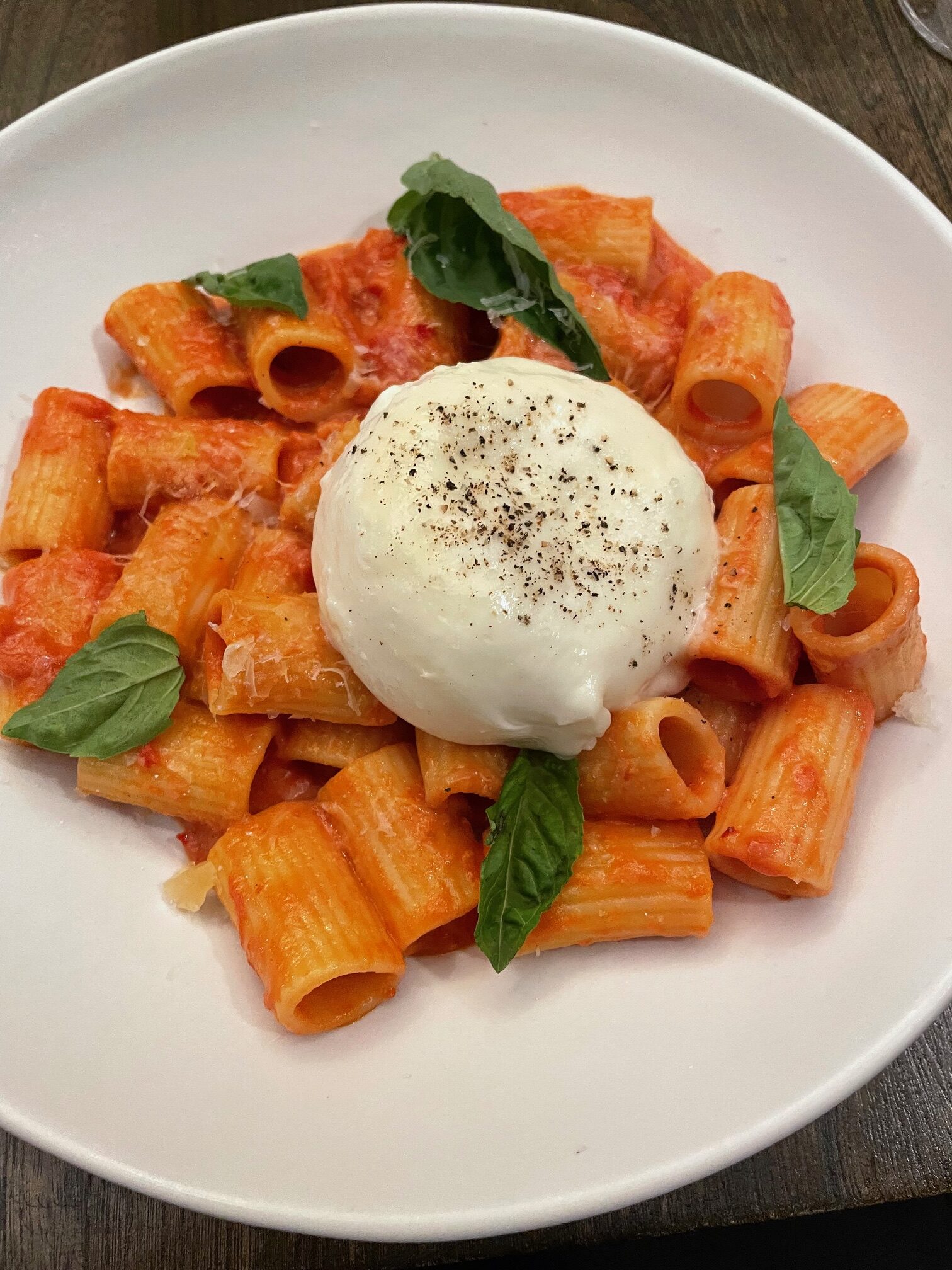 Rigatoni and burrata dish at Taverne on the Woodlake in Kohler, Wisconsin