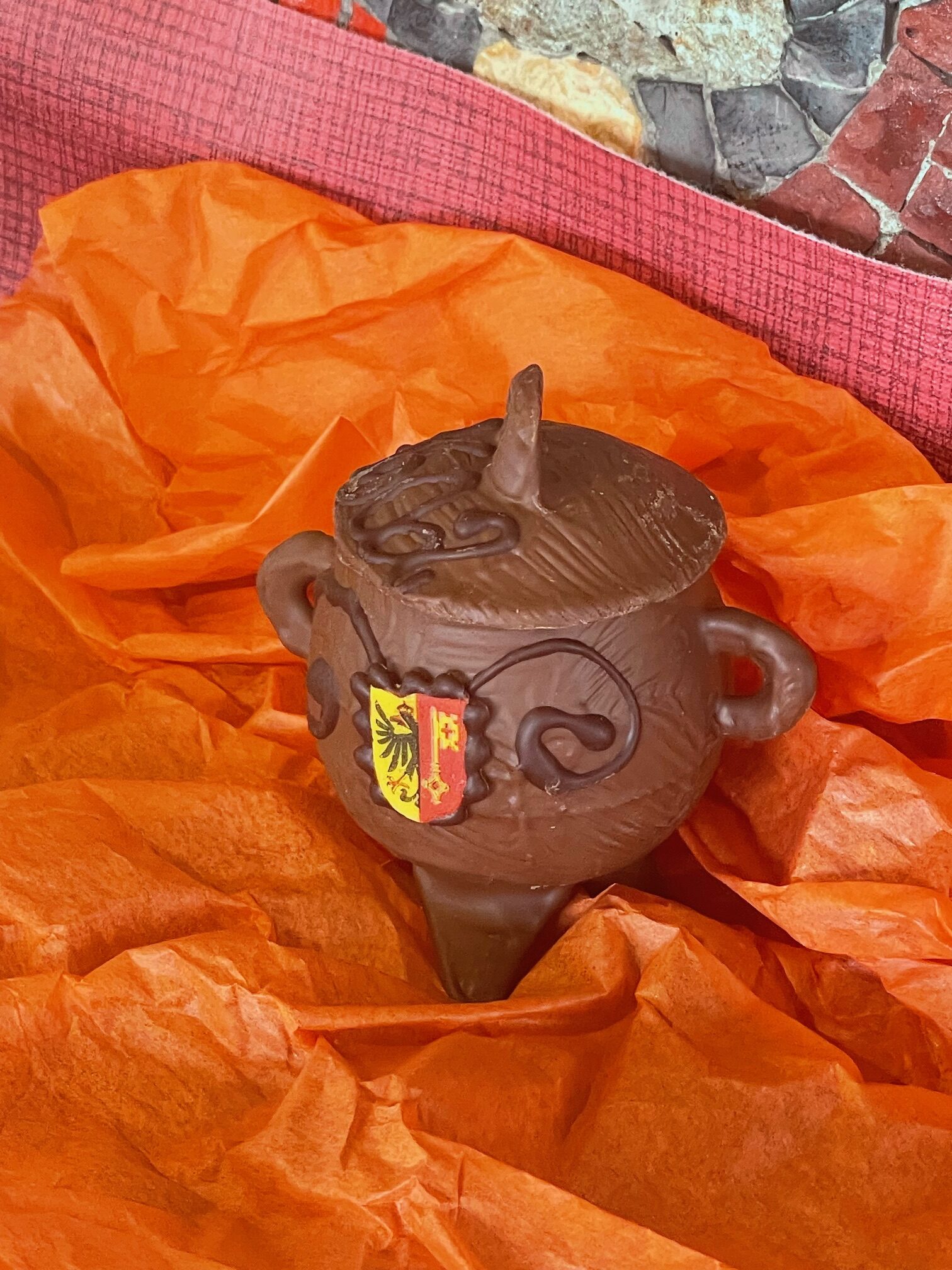 IMG_6853 A marmite (chocolate cauldron) with the Geneva coat of arms, used to celebrate Fete de l'Escalade