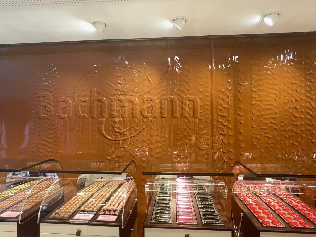 Chocolate wall at Bachmann, one of the best chocolate shops in Zurich to visit with kids