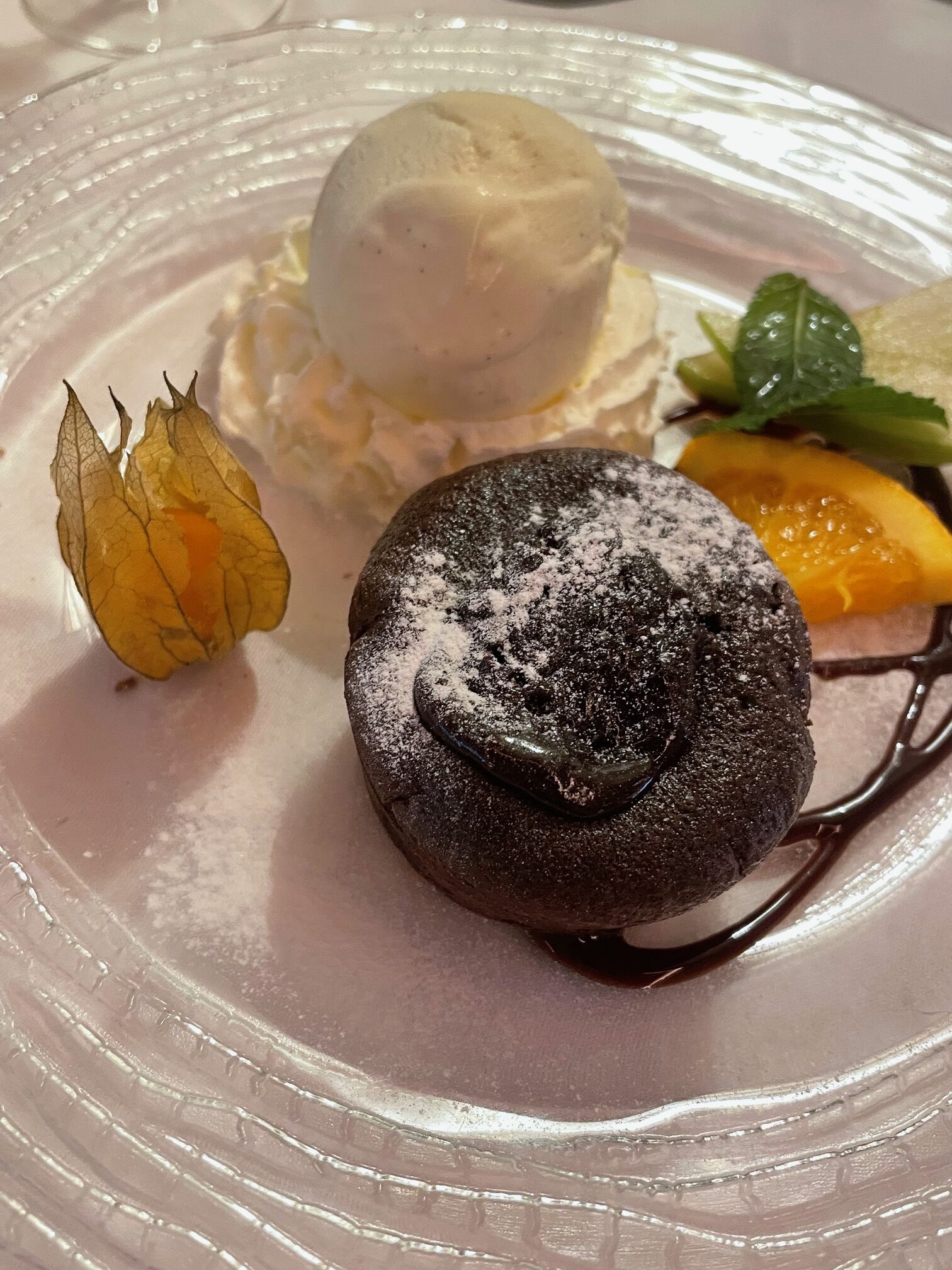 Molten lava cake at Zum Konigstuhl restaurant in Zurich