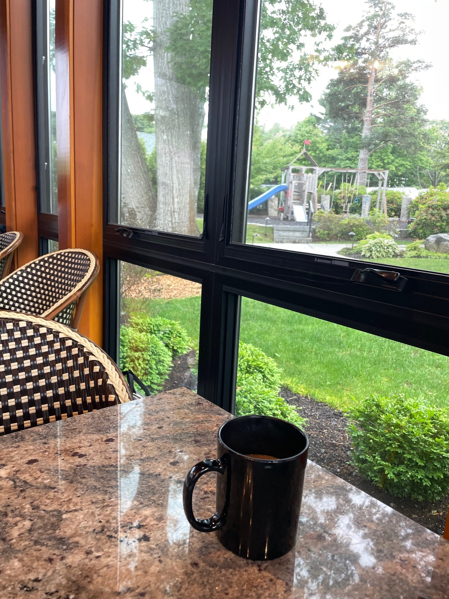 Breakfast room overlooking the playground at the Bar Harbor Inn