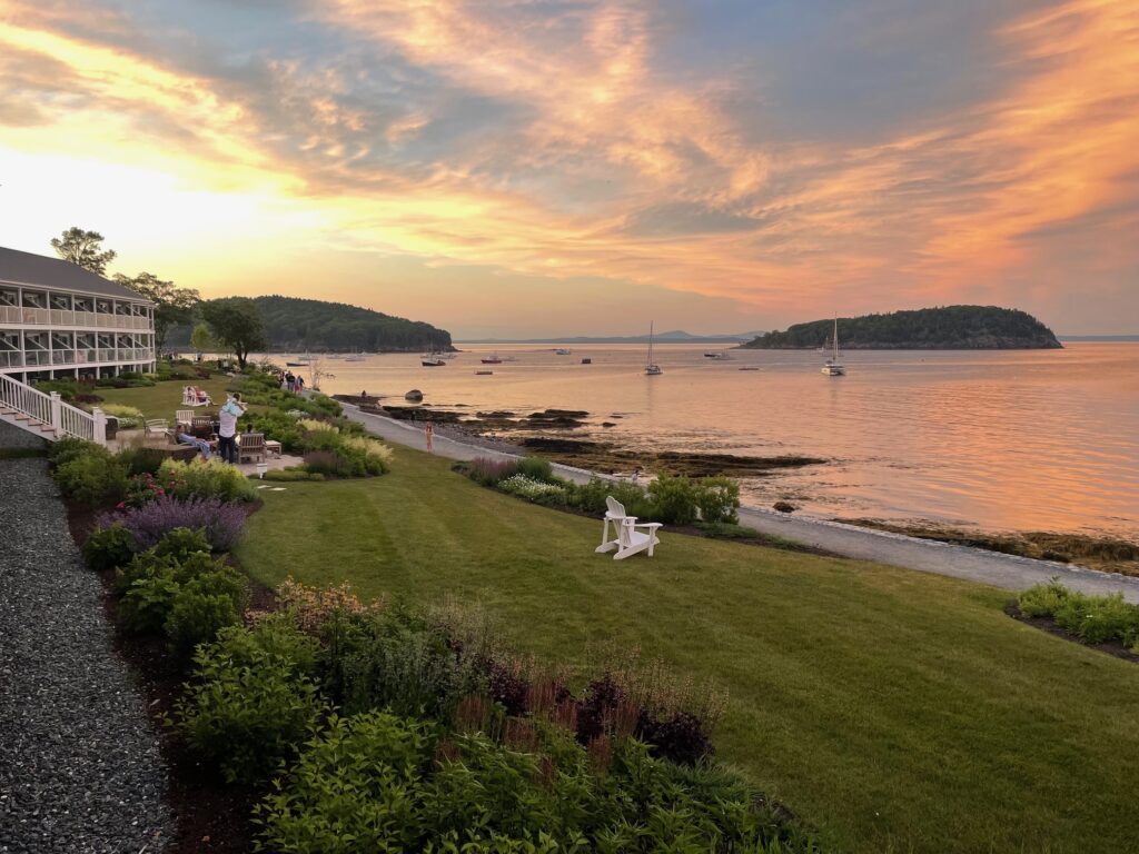 Oceanfront views at sunset from the Bar Harbor Inn