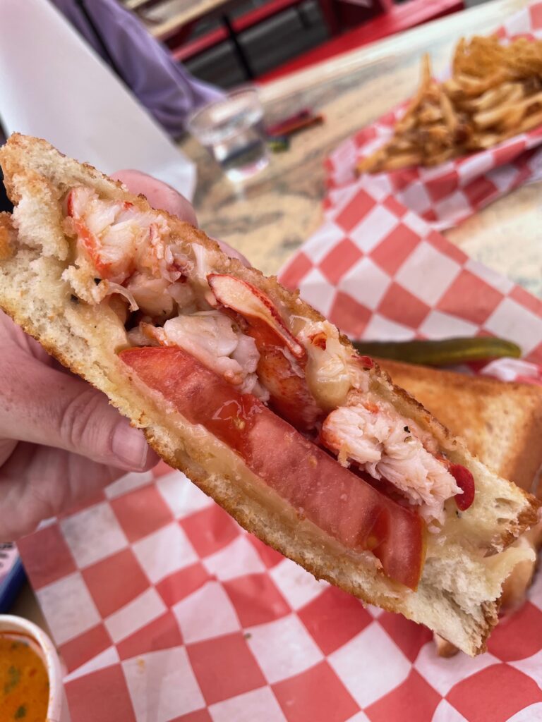 Lobster grilled cheese sandwich, my favorite menu item at Beal's Lobster Pier in Southwest Harbor