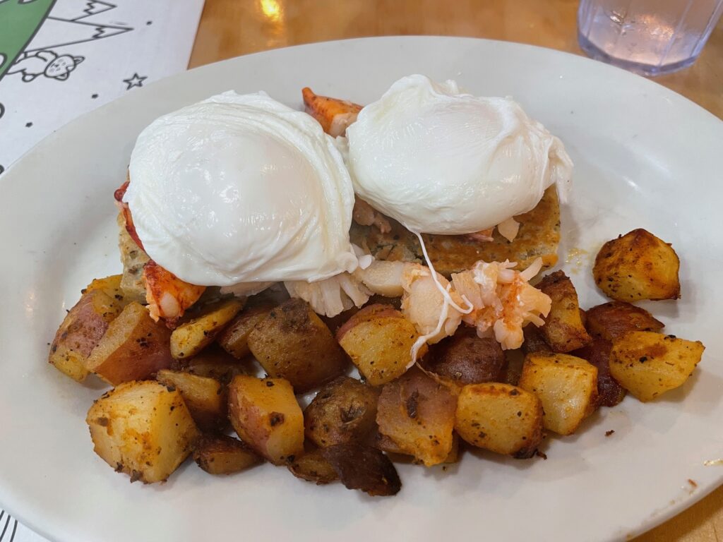 Lobster eggs Benedict, my favorite brunch item at Jeannie's in Bar Harbor