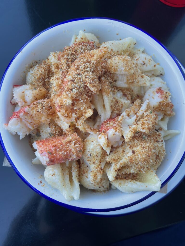 Lobster mac and cheese at The Nor'Easter lobster pound in Northeast Harbor