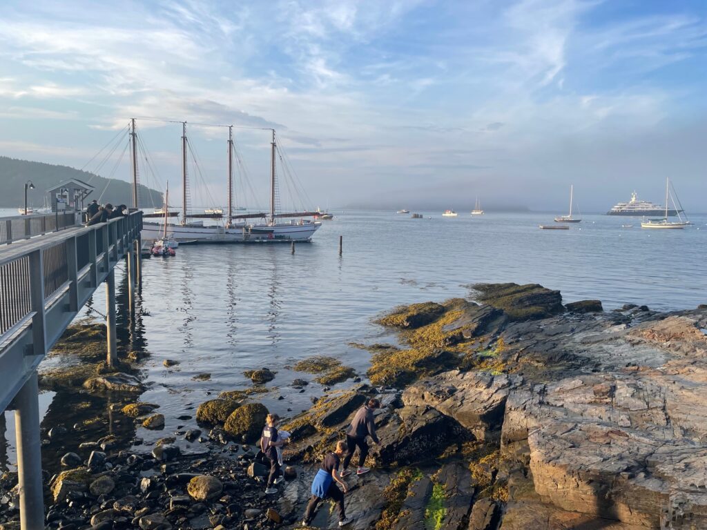 The four-masted Margaret Todd schooner in port in Bar Harbor