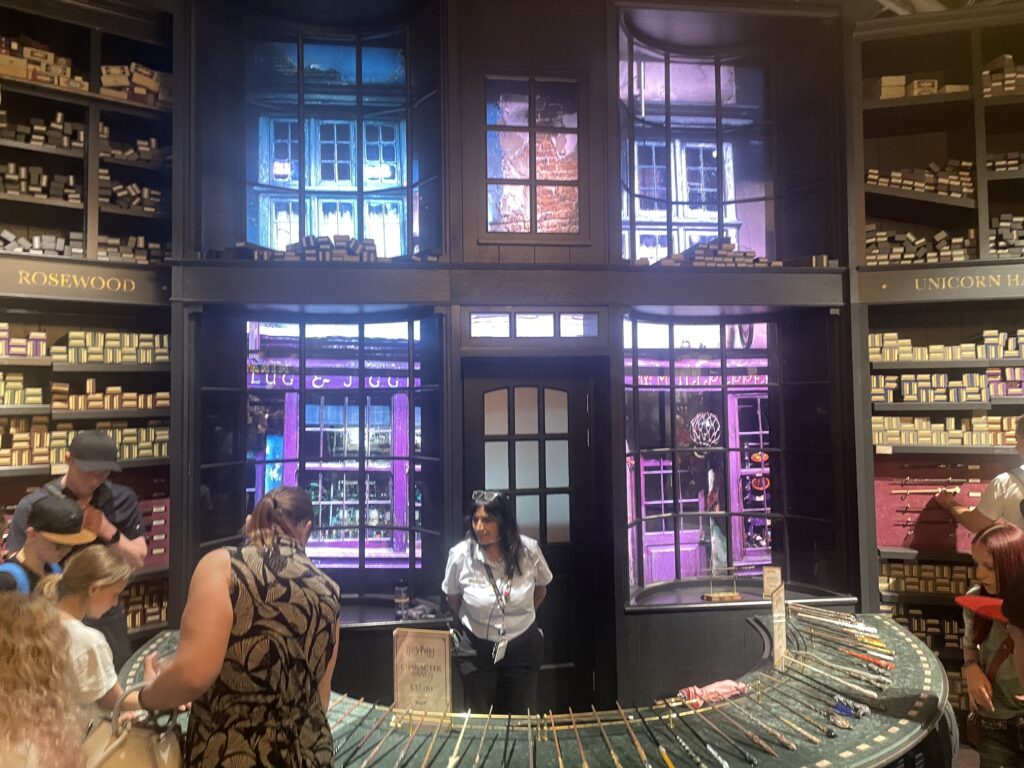 "Olivander's" wand shop at the end of the Harry Potter studio, one of many shopping opportunities